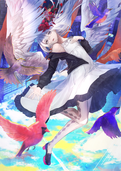 Anime picture 1061x1500 with original eisuto single long hair tall image looking at viewer fringe hair between eyes full body white hair hair flower grey eyes outstretched arm flying white wings girl dress flower (flowers) animal petals