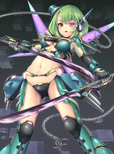 Anime picture 706x958 with original sasaame single tall image looking at viewer blush fringe short hair breasts open mouth light erotic simple background hair between eyes standing holding yellow eyes green hair sideboob ass visible through thighs dual wielding