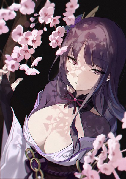 Anime picture 1500x2122 with genshin impact raiden shogun buri (retty9349) single long hair tall image fringe breasts light erotic large breasts purple eyes looking away purple hair upper body blunt bangs traditional clothes parted lips japanese clothes from above mole