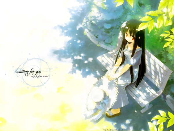 Anime picture 1280x960 with suigetsu makino nanami gayarou vedjita single long hair fringe black hair red eyes sitting holding signed payot looking away full body bent knee (knees) outdoors from above sunlight shadow