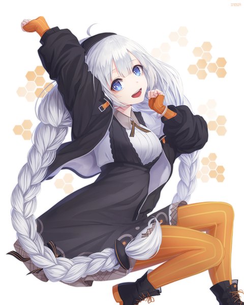 Anime picture 1800x2250 with vocaloid voiceroid kizuna akari inosia single tall image looking at viewer blush fringe highres open mouth blue eyes simple background white background signed silver hair bent knee (knees) braid (braids) very long hair head tilt