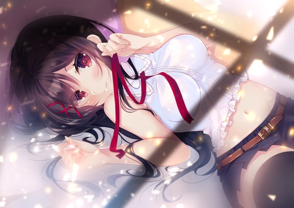 Anime picture 2122x1500 with original ko yu single long hair looking at viewer blush fringe highres breasts black hair smile red eyes payot lying pleated skirt fingernails from above midriff on back tress ribbon