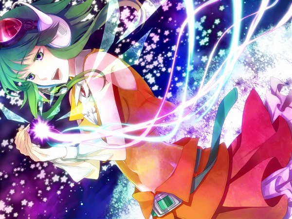 Anime picture 1536x1152 with vocaloid gumi macco (artist) single short hair open mouth green eyes green hair singing girl skirt headphones star (symbol) goggles