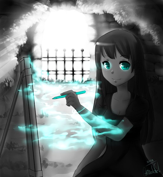 Anime picture 1109x1200 with original chilienn (artist) single long hair tall image looking at viewer black hair smile signed outdoors aqua eyes monochrome 2013 girl dress fence pencil easel