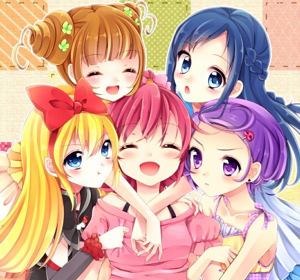 Anime picture 1071x1000 with precure dokidoki! precure toei animation aida mana hishikawa rikka kenzaki makoto yotsuba alice regina (dokidoki! precure) uzuki aki long hair blush short hair open mouth blue eyes blonde hair purple eyes bare shoulders multiple girls blue hair pink hair