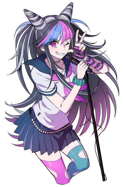 Anime picture 900x1363 with dangan ronpa super dangan ronpa 2 mioda ibuki poti single long hair tall image looking at viewer fringe black hair simple background smile white background pleated skirt one eye closed pink eyes multicolored hair from above wink hair bun (hair buns)