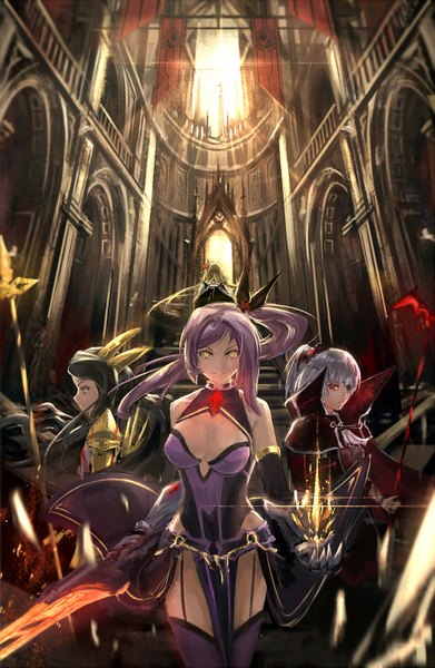 Anime picture 1050x1610 with original pixiv fantasia pixiv fantasia fallen kings c.z. long hair tall image looking at viewer fringe breasts light erotic black hair blonde hair smile red eyes standing multiple girls holding yellow eyes looking away cleavage