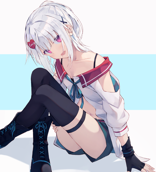 Anime picture 1071x1185 with virtual youtuber icetea moemi nagishiro mito single long hair tall image looking at viewer blush fringe open mouth simple background smile sitting payot silver hair ponytail blunt bangs head tilt :d