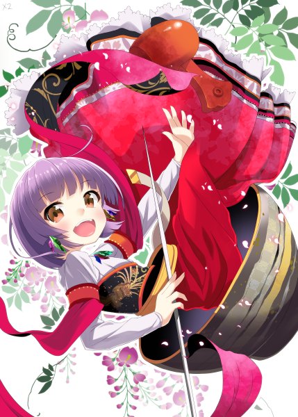 Anime picture 858x1200 with touhou sukuna shinmyoumaru at-yui single tall image looking at viewer blush short hair open mouth brown eyes purple hair traditional clothes japanese clothes falling minigirl girl flower (flowers) petals kimono obi