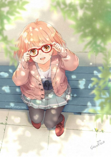 Anime picture 720x1022 with kyoukai no kanata kyoto animation kuriyama mirai snonfield single tall image looking at viewer fringe short hair open mouth sitting holding signed yellow eyes pink hair ahoge bent knee (knees) pleated skirt sunlight happy
