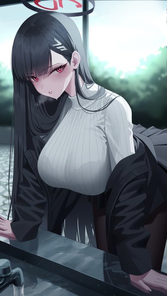 Anime picture 3000x5333 with blue archive rio (blue archive) re-leaf single long hair tall image looking at viewer fringe highres breasts light erotic black hair red eyes large breasts standing outdoors ass blunt bangs long sleeves parted lips