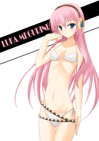 Anime picture 2480x3507 with vocaloid megurine luka kotohane single long hair tall image blush highres blue eyes light erotic smile pink hair inscription girl swimsuit bikini headphones white bikini