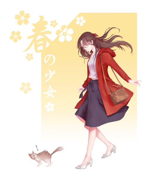 Anime picture 2048x2431 with original tianran feicai single long hair tall image fringe highres simple background brown hair yellow eyes full body head tilt inscription high heels floating hair looking down walking ! girl skirt