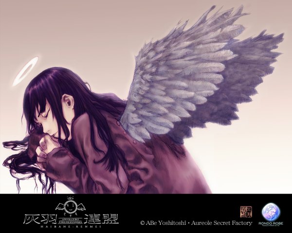 Anime picture 1280x1024 with haibane renmei reki (haibane) abe yoshitoshi single long hair highres simple background purple hair eyes closed crossed arms third-party edit girl wings feather (feathers) halo