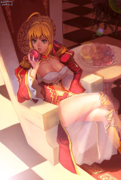 Anime picture 3376x5000 with fate (series) fate/extra type-moon nero claudius (fate) (all) nero claudius (fate) kalata single tall image highres short hair open mouth blue eyes blonde hair sitting absurdres crossed legs checkered floor girl dress fruit