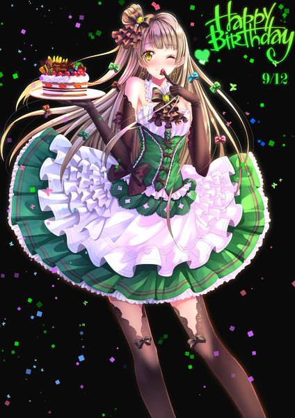 Anime picture 1102x1560 with love live! school idol project sunrise (studio) love live! minami kotori swordsouls single long hair tall image looking at viewer blush yellow eyes one eye closed grey hair wink one side up finger to mouth black background happy birthday girl thighhighs