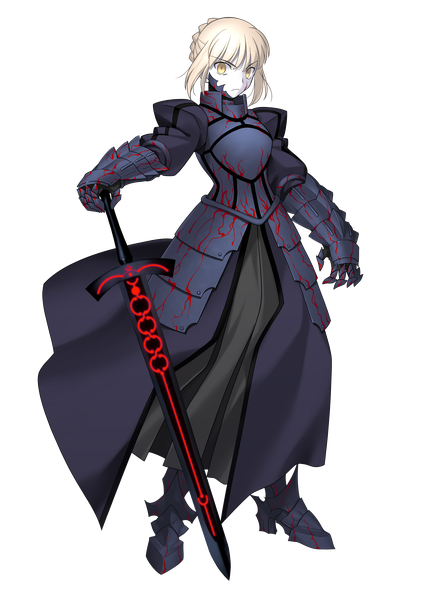 Anime picture 2646x3742 with fate (series) fate/stay night type-moon artoria pendragon (all) saber alter takeuchi takashi single tall image looking at viewer fringe highres short hair blonde hair standing yellow eyes braid (braids) transparent background angry girl gloves