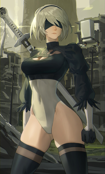 Anime picture 1820x3000 with nier nier:automata yorha no. 2 type b pod (nier:automata) hood (james x) single tall image fringe highres short hair breasts light erotic large breasts standing silver hair outdoors puffy sleeves thighs covered navel skindentation