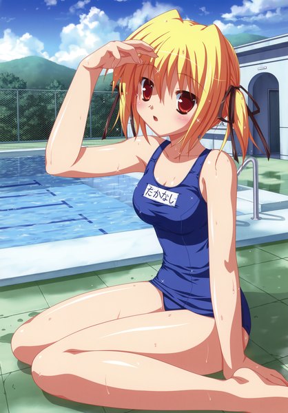 Anime picture 2441x3500 with clover point takanashi yaya yuyi tall image blush highres short hair light erotic blonde hair sky cloud (clouds) girl swimsuit one-piece swimsuit school swimsuit pool