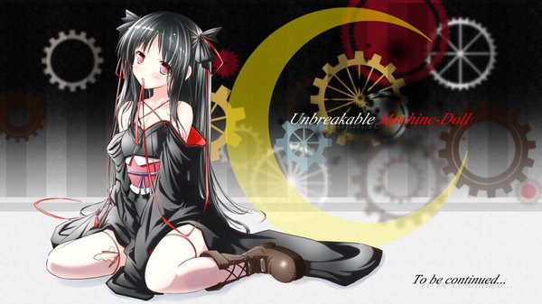 Anime picture 3498x1970 with machine-doll wa kizutsukanai yaya (machine-doll) nao (pixiv) single long hair looking at viewer blush fringe highres black hair wide image sitting bare shoulders holding pink eyes wide sleeves mouth hold ribbon in mouth girl thighhighs