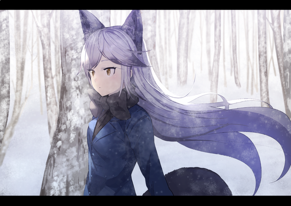 Anime picture 1228x868 with kemono friends silver fox (kemono friends) koruse single long hair black hair animal ears yellow eyes payot looking away silver hair multicolored hair wind fox ears fox girl snowing letterboxed gradient hair winter snow