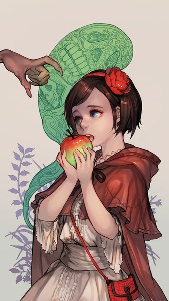 Anime picture 843x1500 with snow white and the seven dwarfs snow white racoona tall image short hair open mouth blue eyes brown hair hair flower solo focus eating girl dress hair ornament flower (flowers) fruit apple hand