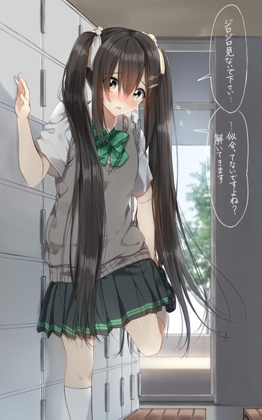 Anime picture 2512x4013 with original pentagon (railgun ky1206) single long hair tall image looking at viewer blush fringe highres breasts open mouth black hair hair between eyes standing twintails indoors pleated skirt arm up blurry short sleeves