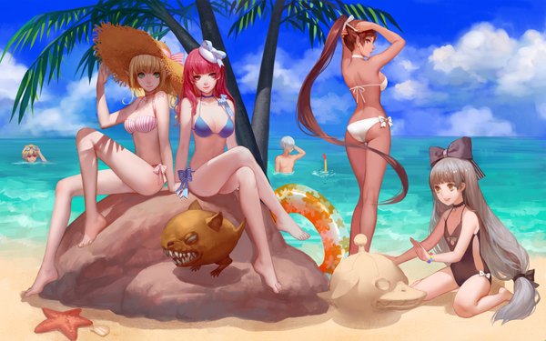 Anime picture 1920x1200 with dragon nest archer (dragon nest) sorceress (dragon nest) cleric (dragon nest) warrior (dragon nest) academic (dragon nest) poochum kali (dragon nest) ask (askzy) long hair highres blue eyes light erotic blonde hair brown hair wide image multiple girls brown eyes sky cloud (clouds)