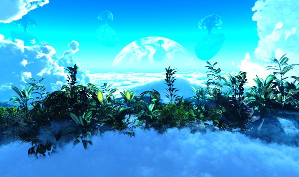Anime picture 1520x900 with original y-k wide image sky cloud (clouds) horizon no people fantasy floating island plant (plants) tree (trees) planet island
