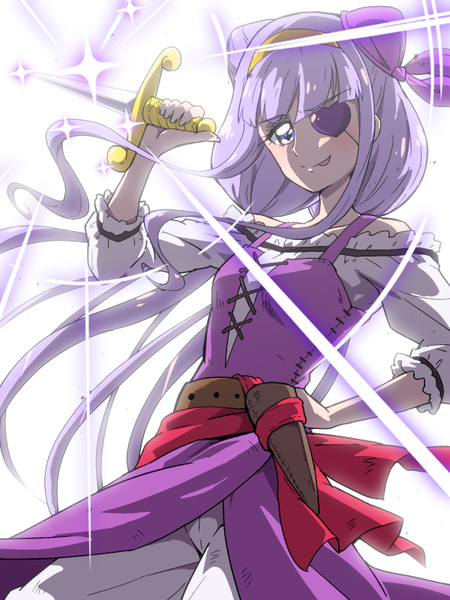 Anime picture 600x800 with precure hugtto! precure toei animation ruru amour tj-type1 single long hair tall image looking at viewer blush fringe simple background standing white background purple eyes holding payot purple hair blunt bangs off shoulder