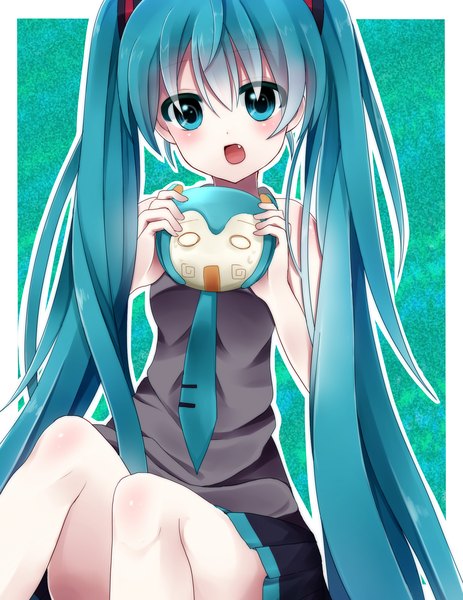 イラスト 1700x2200 と ボーカロイド 初音ミク みなみさき ソロ 長身像 赤面 開いた口 ツインテール very long hair aqua eyes aqua hair 女の子 スカート ミニスカート ネクタイ