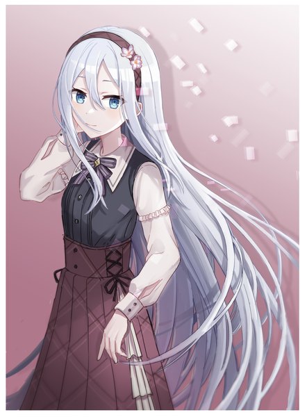 Anime picture 2894x3925 with project sekai yoisaki kanade bestramos single tall image looking at viewer fringe highres blue eyes simple background smile hair between eyes silver hair long sleeves very long hair pleated skirt gradient background border pink background hand on face