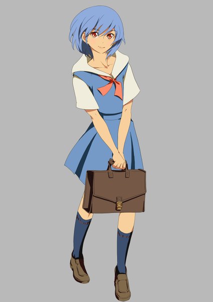 Anime picture 1075x1518 with neon genesis evangelion gainax ayanami rei mebae single tall image short hair simple background smile red eyes blue hair grey background girl uniform school uniform socks black socks school bag loafers