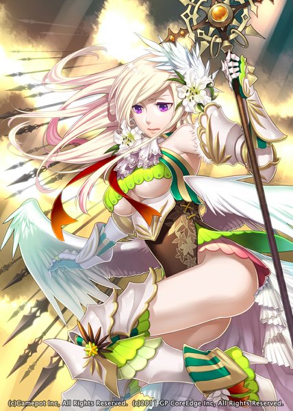 Anime picture 800x1122 with miogrobin single long hair tall image fringe breasts light erotic blonde hair purple eyes holding hair flower lips inscription midriff legs looking down white wings weightlessness gloves hair ornament