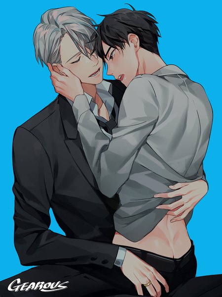 Anime picture 950x1267 with yuri!!! on ice mappa viktor nikiforov katsuki yuuri gearous tall image blush fringe short hair open mouth light erotic black hair simple background sitting brown eyes signed looking away silver hair ahoge ass