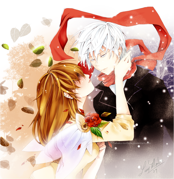 Anime picture 1000x1030 with original sabaku-no-hana long hair tall image blush short hair brown hair silver hair white hair profile light smile couple tears snowing winter face to face silver eyes autumn girl boy