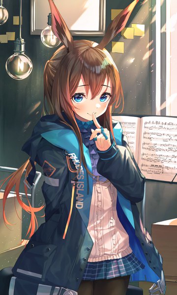 Anime picture 2700x4500 with arknights amiya (arknights) munseonghwa single long hair tall image looking at viewer blush fringe highres blue eyes smile hair between eyes brown hair standing animal ears payot indoors long sleeves pleated skirt