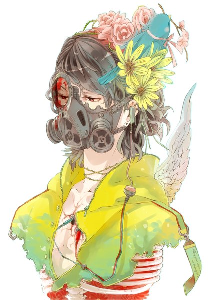 Anime picture 2480x3508 with original fasna single tall image highres short hair simple background red eyes brown hair white background hair flower piercing torn clothes wavy hair skeleton bone (bones) broken guro boy hair ornament