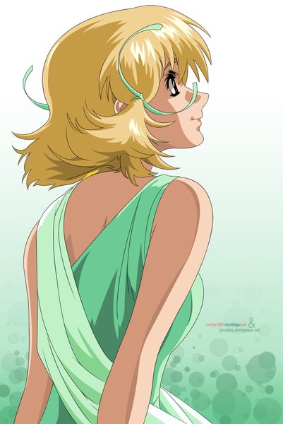 Anime picture 1500x2241 with mobile suit gundam gundam seed sunrise (studio) cagalli yula athha tall image short hair blonde hair profile light smile from behind vector girl dress ribbon (ribbons) hair ribbon