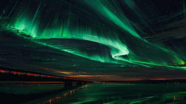 Anime picture 1920x1080 with original aenami highres wide image signed night night sky reflection no people landscape aurora borealis star (stars) bridge road