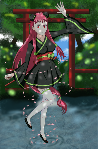 Anime picture 1200x1813 with original kristi palmer31 single tall image looking at viewer fringe red eyes standing pink hair sky full body very long hair nail polish traditional clothes japanese clothes sparkle hair bun (hair buns) standing on one leg revision girl