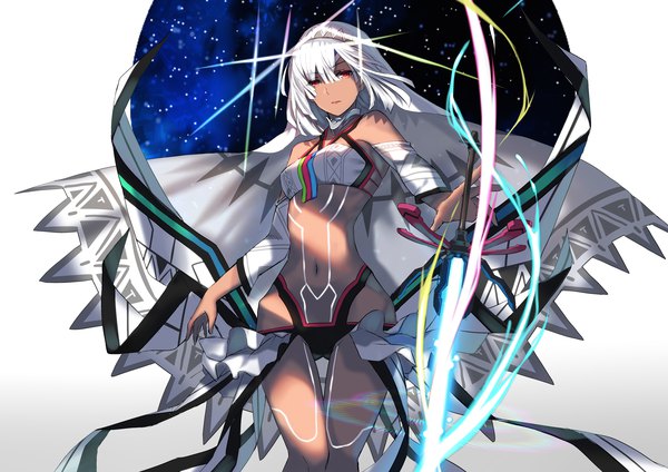 Anime-Bild 4092x2893 mit fate (series) fate/grand order altera (fate) karlwolf single looking at viewer highres short hair light erotic red eyes absurdres white hair midriff girl navel weapon detached sleeves sword veil