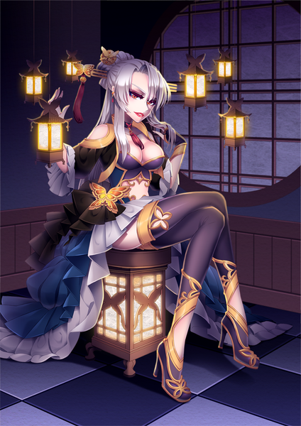 Anime picture 740x1047 with original saban single long hair tall image looking at viewer breasts red eyes sitting white hair crossed legs girl thighhighs dress hair ornament black thighhighs lamp