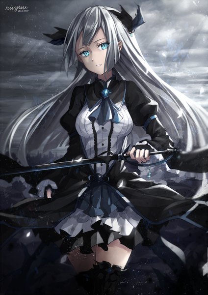 Anime picture 723x1023 with original rin yuu single long hair tall image looking at viewer fringe blue eyes holding signed silver hair parted lips girl thighhighs dress gloves weapon black thighhighs sword fingerless gloves