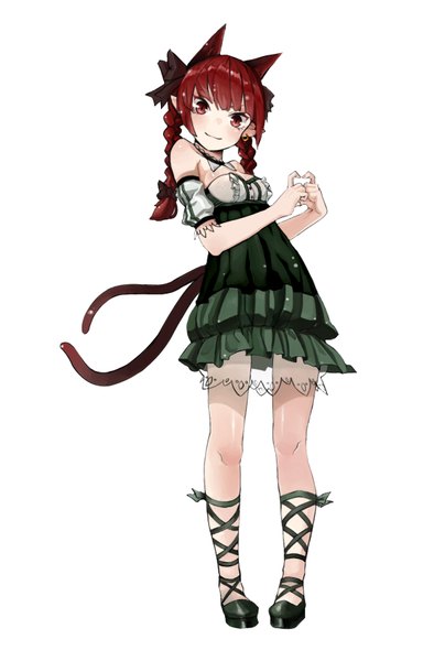 Anime picture 1111x1691 with touhou kaenbyou rin banssee single long hair tall image looking at viewer blush simple background smile red eyes standing white background bare shoulders animal ears full body red hair tail braid (braids) animal tail