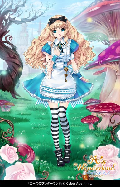 Anime picture 1000x1559 with a's wonderland kunishige keiichi single long hair tall image looking at viewer blue eyes blonde hair girl thighhighs dress flower (flowers) bow plant (plants) hair bow tree (trees) toy stuffed animal striped thighhighs key