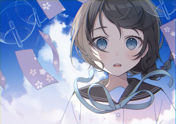Anime picture 2048x1448 with original amai melo single long hair looking at viewer highres blue eyes black hair sky cloud (clouds) upper body braid (braids) wind single braid shaded face girl uniform serafuku wind chime