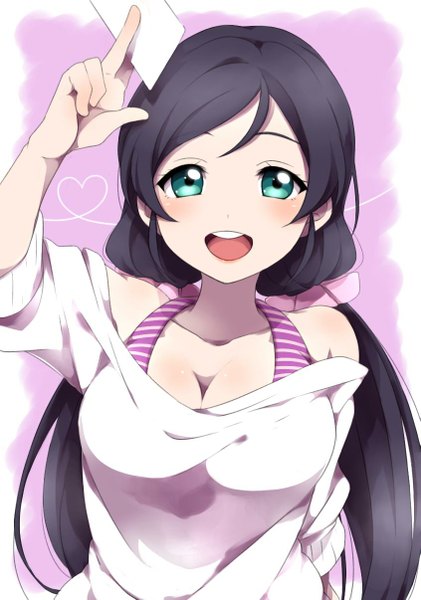 Anime picture 845x1205 with love live! school idol project sunrise (studio) love live! toujou nozomi sekina single long hair tall image looking at viewer blush open mouth blue eyes black hair twintails cleavage aqua eyes teeth low twintails girl scrunchie