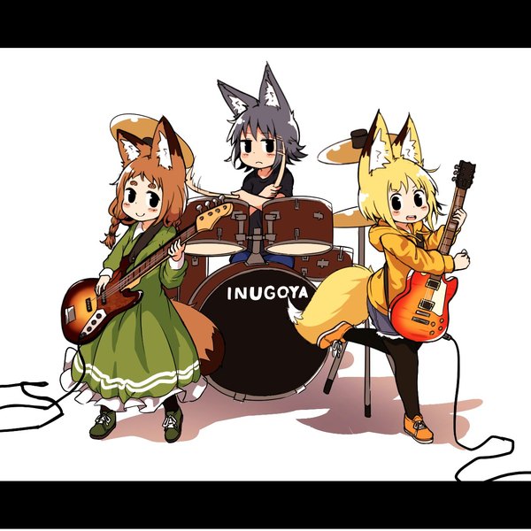 Anime picture 1275x1275 with original koko (yutturi) poko (yutturi) uru (yutturi) yutturi long hair looking at viewer open mouth simple background smile brown hair standing white background multiple girls animal ears tail animal tail grey hair black eyes fox ears
