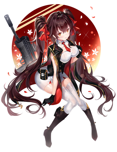Anime picture 1000x1297 with girls frontline qbz-97 (girls frontline) narae single tall image looking at viewer blush fringe breasts simple background smile hair between eyes brown hair large breasts sitting twintails payot full body very long hair arm up